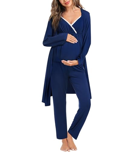 Image of SWOMOG Maternity Nursing Robe Set 3 Piece Breastfeeding Pajamas 3 in 1 Labor Delivery Sleevless Tops&Long Pants Pregnancy Pjs