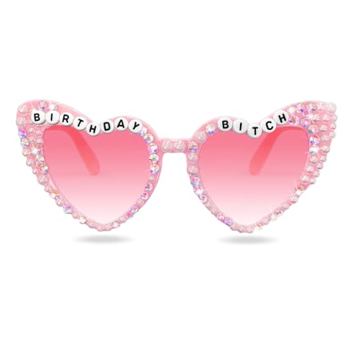 Birthday Sunglasses for Girls - Pink 'Birthday Bitch' Shiny Bling Diamond Pearl Glasses for Girls Women Birthday Party Supplies