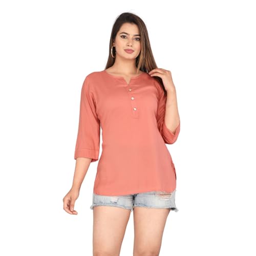 Image of Himanshi enterprises Women's Traditional Casual 3 /4 Sleeves Mandarin Nack Rayon Solid Short Kurti