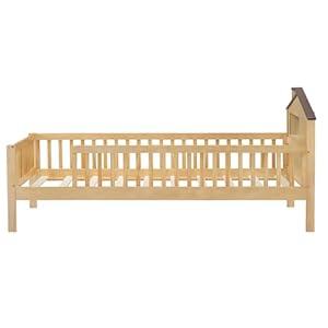 Twin Size Platform Bed with House-Shaped Headboard, LED and Built-in Storage, Kids Bed Frame with Safety Guardrails for Girls Boys, Wood Slats Support, Natural Twin Size Platform Bed with House Shaped Headboard LED and Built in Storage Kids Bed Frame with Safety Guardrails for Girls Boys Wood Slats Support Natural