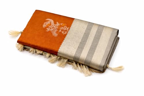 Image of Traditional soft Silk Saree, Rust Orange with Grey Border, Zari Woven Floral Motifs, Tassels