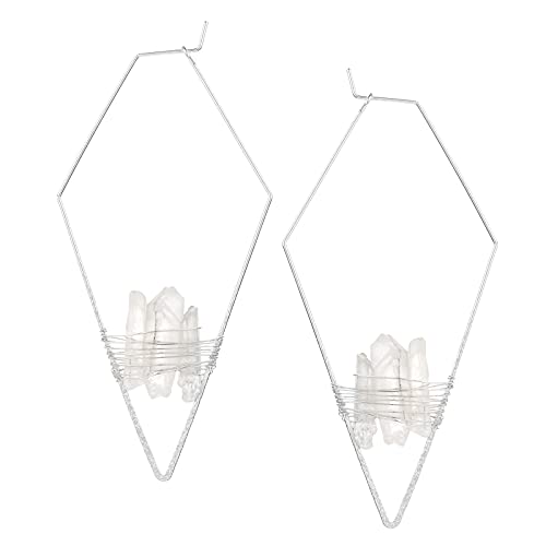 Clear Raw Quartz Crystals Hoops Dangle Earrings For Women Geometric Rhombus Diamond Shaped Minimalistic Jewelry Rose Quartz Stone Earrings Cooper Wire Threader Drop Earring #TOP16