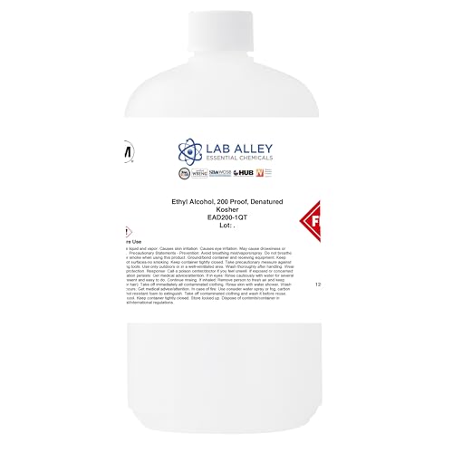 Lab Alley Denatured Ethanol 200 Proof, Kosher Certified, Halal, GMO-Free, Great to Use for Fuel, Heating, and Cleaning - 1 Gallon Total (Pack of 4 x 1 Quart Bottles)