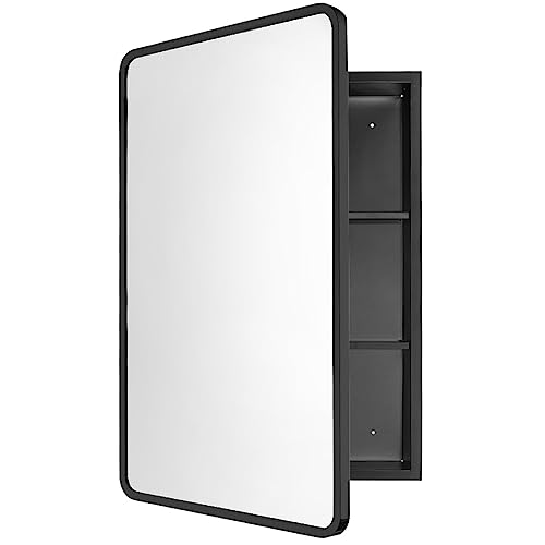 Image of Movo Black Metal Framed Bathroom Mirror Medicine Cabinet, 20 Inch x 31 Inch, Tilting Beveled Vanity Mirror, Recess or Surface Mount Installation