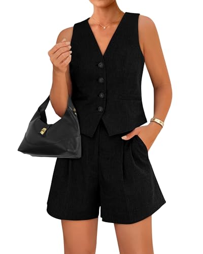 BTFBM Women's Blazer 2 Piece Outfits Summer 2025 Casual Business Clothes Sleeveless Button Down Vest Shorts Lounge Sets