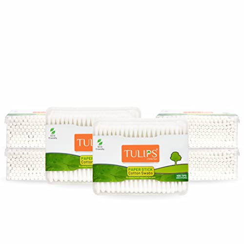 TULIPS Cotton Ear Buds/Swabs (Pack of 6) with white PAPER Sticks 200/400 Tips in a Flat Box