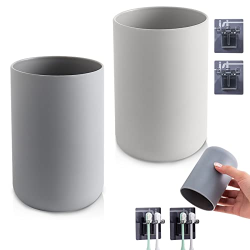 Aufisi Zahnputzbecher 2 Stück mit 2 Zahnputzbecherhalter Ohne Bohren, Zahnbecher Kinder Set aus bruchsicherem Kunststoff für Badezimmer Waschraum Toothbrush Holder (Weiß & Grau) Cover