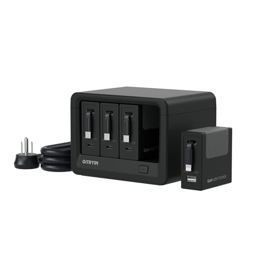 Image of Gitryin 12-in-1 Desktop Charging Station with 3 Retractable Type-C Chargers and 1 Lightning Charger, 160W USB-C Charging Hub with 33.5in Cable, 4 AC, 1 USB A Port, 3 USB C Ports