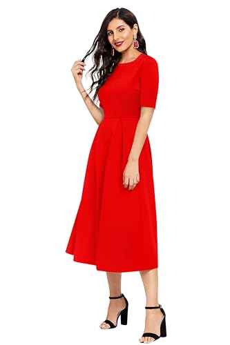 Image of LONDON BELLY Women's Poly Cotton Midi Dress with Round Neck 3 /4 Sleeves Solid Pattern Regular Fit and Calf Length | Women Midi Dress | Casual Party Summer for Womans