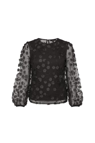 Yumi Black Sheer Sleeve Applique Flower Top (UK, Numeric, 10, 12, Regular, Regular, Black)