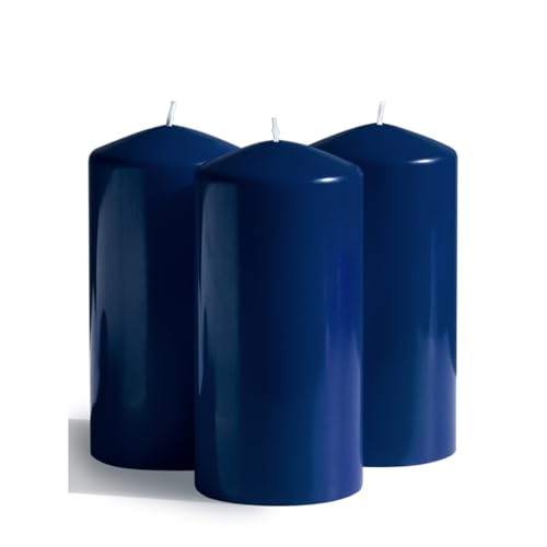 Candwax Juego de 3 velas de pilar de 3 x 6 pulgadas, color azul marino, 80 horas de combustión, autoextinguibles de larga duración para decoración del hogar, velas de pilar azul oscuro con parte