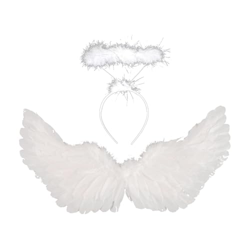 AWAVM Asas de anjo e auréola, disfarce de anjo asas de fada, 2 peças asas de anjo brancas disfarce de asas de anjo caído, asas de fada brancas asas de anjo caído para adultos festa de Halloween