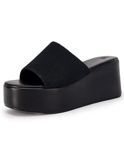 Image of Coutgo Womens Platform Slides Sandals Square Open Toe Slip On Elastic Band Casual Lightweight Wedge Shoes