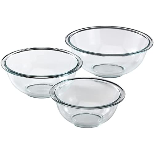 Pyrex Smart Essentials 3-Piece Prepware Mixing Bowl Set, 1-Qt, 1.5-Qt ,and 2.5-Qt Glass Mixing Bowls, Dishwasher, Microwave and Freezer Safe