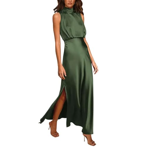 ARESU Vestidos de Raso sin Mangas con Cuello simulado Vintage Vestido Largo de Fiesta Formal con división Alta Elegante Vestido de Noche de Cintura Delgada para Mujer-Verde Militar-XXL