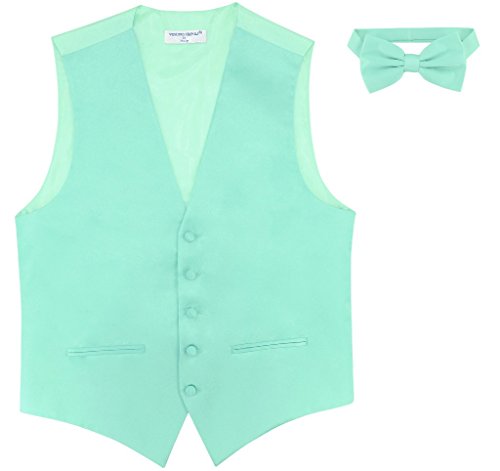 Mens SLIM FIT Dress Vest BowTie Solid AQUA GREEN Bow Tie Handkerchief Set