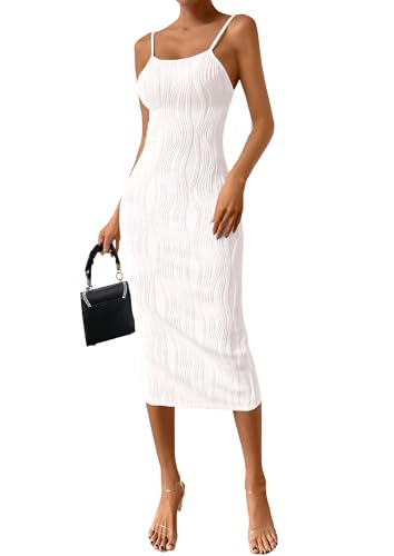 PRETTYGARDEN Women's 2025 Summer Sleeveless Bodycon Dress Textured Back Slit Sexy Cocktail Party Midi Dresses (White,Large)