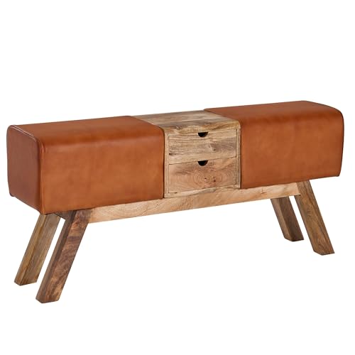 FineBuy Design Turnbock Sitzbank Braun mit Schubladen 120x56x30 cm, Turnhocker Bank aus Echtleder mit Stauraum, Hocker Garderobenbank Sitzhocker Springbock Turnbank