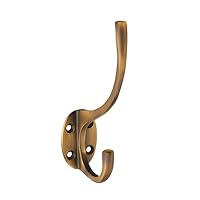 KOOPLES HARDWARE Hat and Coat Hook Wall Mounted Dual Prong Metal Hanger with Screws – Strong Storage Hook for Doors, Hallways, Bathrooms, Utility Areas (Antique Brass, Boxed)