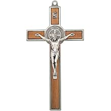 Saint Benedict Medal Wall Crucifix | Patron Saint of Students and Europe | Catholic Home Decor | Great Gift for Baptism, First Holy Communion, and Confirmation Silver-Tone