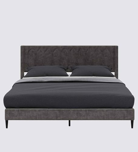 Image of Mintwud Pepperfry Mason Upholstered Queen Size Bed Without Storage | Wooden Double Bed with Tufted Headboard for Bedroom Living Room Home and Hotel (Grey)