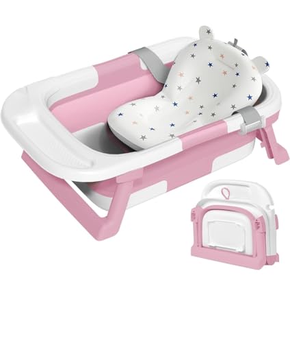 Image of Premium Foldable & Collapsible Baby Bathtub,Bath Tub with Soft Cushion, Bathtub for Newborn to Toddler 0-36 Months,Portable Travel Baby Tub with No-Slip Feet,Baby Shower Gifts Pink (Baby Bath Pink)