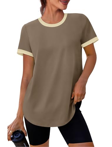 Image of Womens Workout Tops Summer Short Sleeve Shirts Athletic Color Block Gym Clothes Outfits Sun Protection UPF 50+ T Shirts