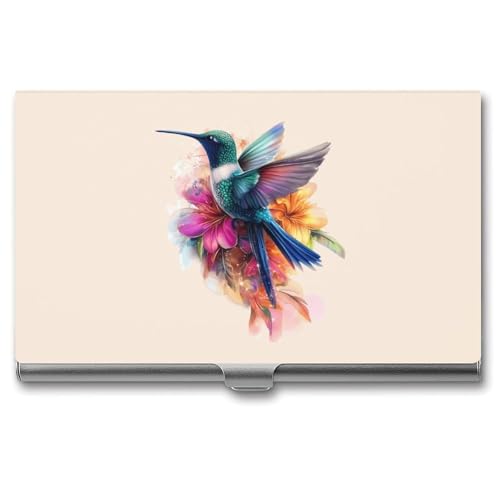 Hummingbird Flower Watercolor Slim Business Card Holder Wallet for Men & Women Pocket Metal Case 3.7x2.2x0.3 Inches