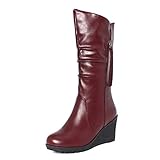  SJJH Bottes décontractées pour femme avec talon compensé et bout rond, Polyuréthane bordeaux, 37 EU