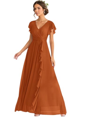 Women's Ruffle Sleeve Bridesmaid Dresses for Wedding A Line Chiffon Pleated Formal Dress