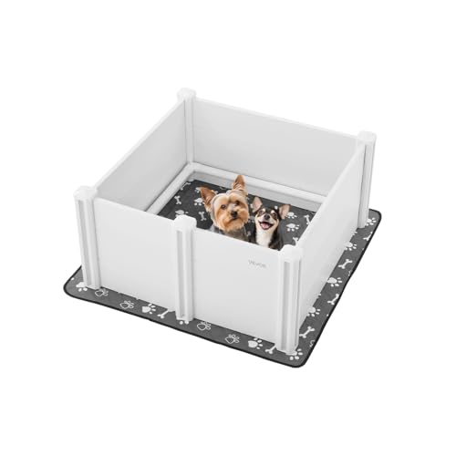 VEVOR Wurfkiste für Hunde, 98x98x46cm, Welpenlaufstall aus Kunststoff-PVC mit höhenverstellbarer Tür & waschbarer PIPI-Unterlage, verformungssicherer Welpenkiste für mittelgroße Hunde, milchweiß