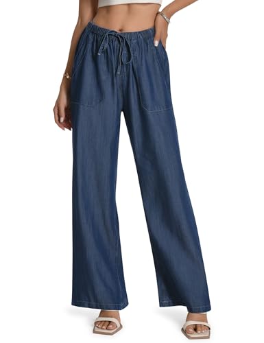Skirt BL Women's Drawstring Elastic Waist Jeans Pull on Wide Leg Flowy Jeans for Trendy Soft Lightweight Denim Pants