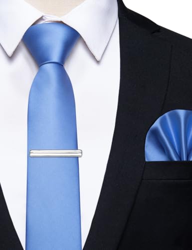 Image of YourTies Skinny Ties for Men Satin 2.4 inch Slim Necktie with Pocket Square Tie Clip Set Solid Color Wedding Party Business