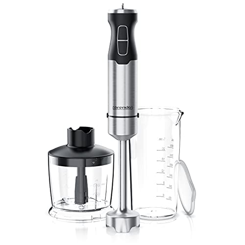 arendo - Mixeur Plongeant INOX 1000 W, Mixeur à Main, Couteau à 4 Lames, Presse-purée, Variateur de 5 Vitesses et Bouton Turbo, Verre doseur 600 ML, Mélangeur à Main, Hachoir, Pied de mixeur Amovible