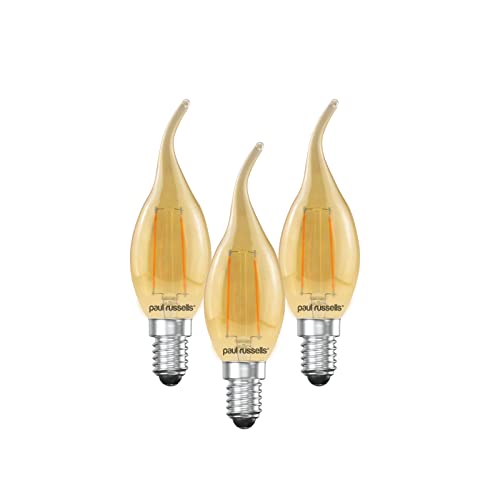 paul russells LED Filament Flame Candle Light Small Edison Screw E14, 20w Equivalent Replacement C35T Lamp 2.5W 200LM Lumens 2200K Amber Bulbs, Energy Saving Chandelier Bent-Tip Lightbulbs, Pack of 3