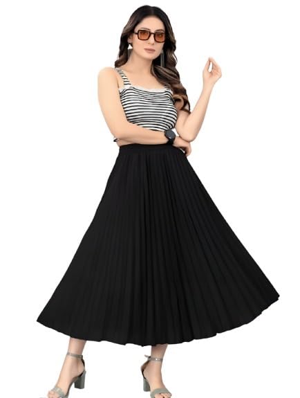 Women's Pleated Maxi Skirt, Black, Flowy A-Line Style, Elastic Waist-picture-32