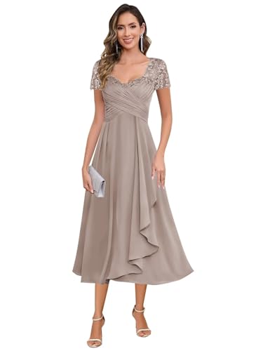 MAGGCIF Lace Appliques Mother of The Bride Dresses for Women with Sleeves Chiffon A Line Long Formal Evening Gown