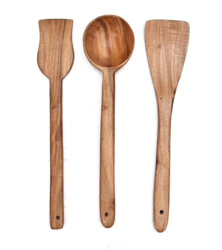 Image of Sanjeev Kapoor by OGGN Handmade Wooden Spoon Spatula Set of 3, Neem Wood Spoons N Spatulas Combo, Non-Sticky Ladles, Palta, Turner, Pasta Serving Spoon for Flipping, Frying, Serving Food (Pack of 3)