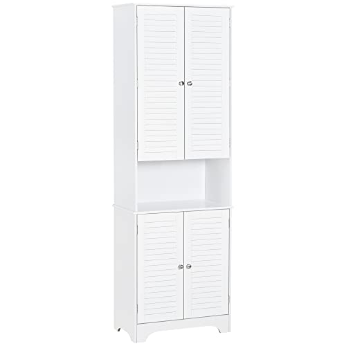 HOMCOM Tall Narrow Bathroom Storage Cabinet with Doors and Shelf Adjustability, Freestanding Bathroom Linen Cabinet with 2 Cabinets and Countertop, Bathroom Floor Cabinet, White