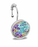 ERUNPONLY Shower Curtain Hooks Decorative, Botanical Floral Shower Curtain Rings Stainless Steel, with God All Things are Possible Bathroom Accessories Rod Hangers for Curtains/Clothing 12Pcs