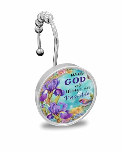 ERUNPONLY Shower Curtain Hooks Decorative, Botanical Floral Shower Curtain Rings Stainless Steel, with God All Things are Possible Bathroom Accessories Rod Hangers for Curtains/Clothing 12Pcs