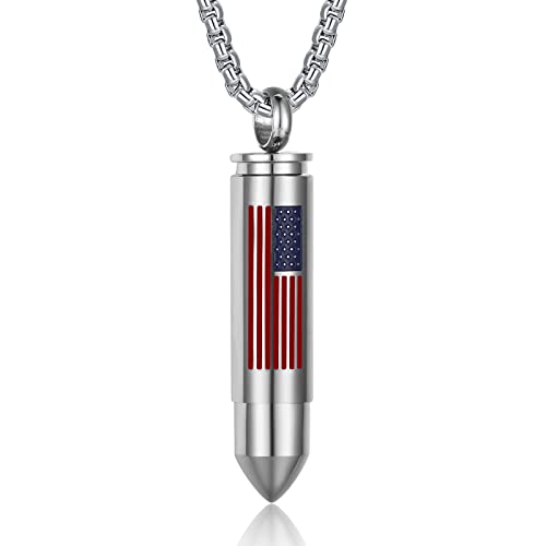 Bullet Urn Necklace for Ashes Stainless Steel Box Chain 24 inch American Flag Pendant Cremation Memorial Jewelry for Men