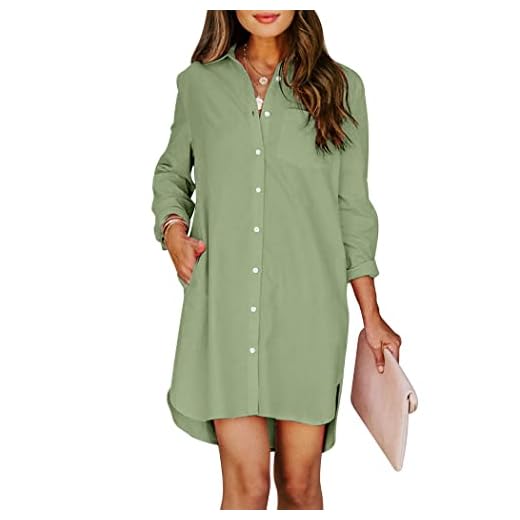 Aoudery Womens Button Down Shirt Dresses with Pockets Cotton Button Up Tunics Long Sleeve Solid High Low Blouse Tops-Olive Green-S