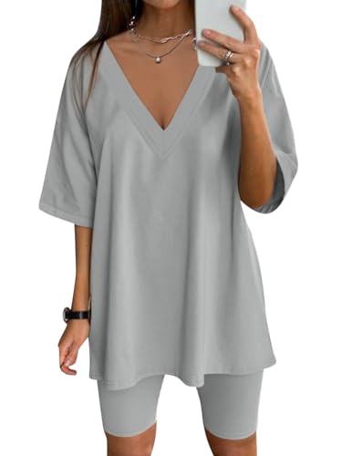 Glamaker Tenue 2 pièces pour femme avec short de motard et t-shirt haut à manches courtes