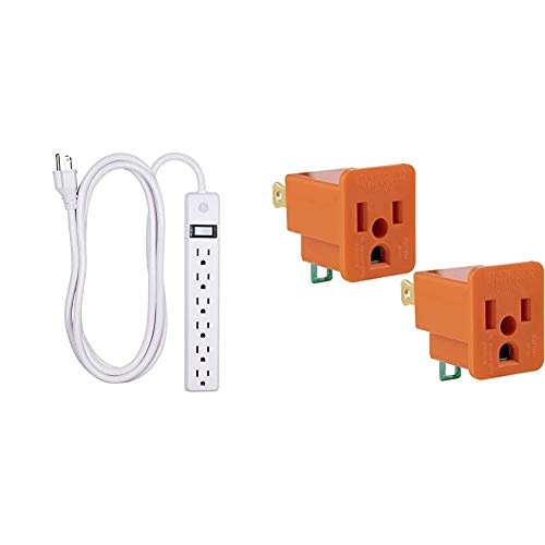 GE 6 Outlet Power Strip, 8 Ft Long Extension Cord, Grounded Outlets, UL Listed, White & Polarized Grounding 2 Pack, Turn 2 3-Prong, Easy to Install, Indoor Only, UL Listed, Orange, Outlet Adapter