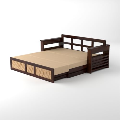 Image of PS DECOR Solid Sheesham Wood 3 Seater Sofa Cums Bed with Cane Panel | Wooden Sofa Bed with Cushioned Seating & Backrest