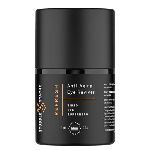 stubble & stache Refresh Under Eye Cream for Men – Reduces Puffiness, Smooths Fine Lines, Brightens Tired Eyes – With Acmella, Caffeine & Hyaluronic Acid – Fast-Absorbing, Fragrance-Free – 1oz