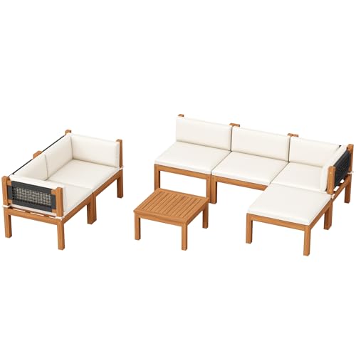 Devoko acacia wood outdoor sectional sofa with coffee table