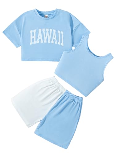 Image of Girl's 3 Pieces Summer Outfits Letter Print Crop Tee Top and Vest Top with Shorts Set