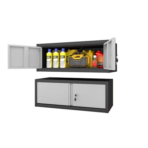 Garage Wall Cabinet, 31.5″ W Metal Wall Mounted Storage Cabinet with Locking Doors, Steel Floating Cabinet for Garage Storage, Basement, RV, Warehouse (Black Gray, 12.8H Wall Cabinet)